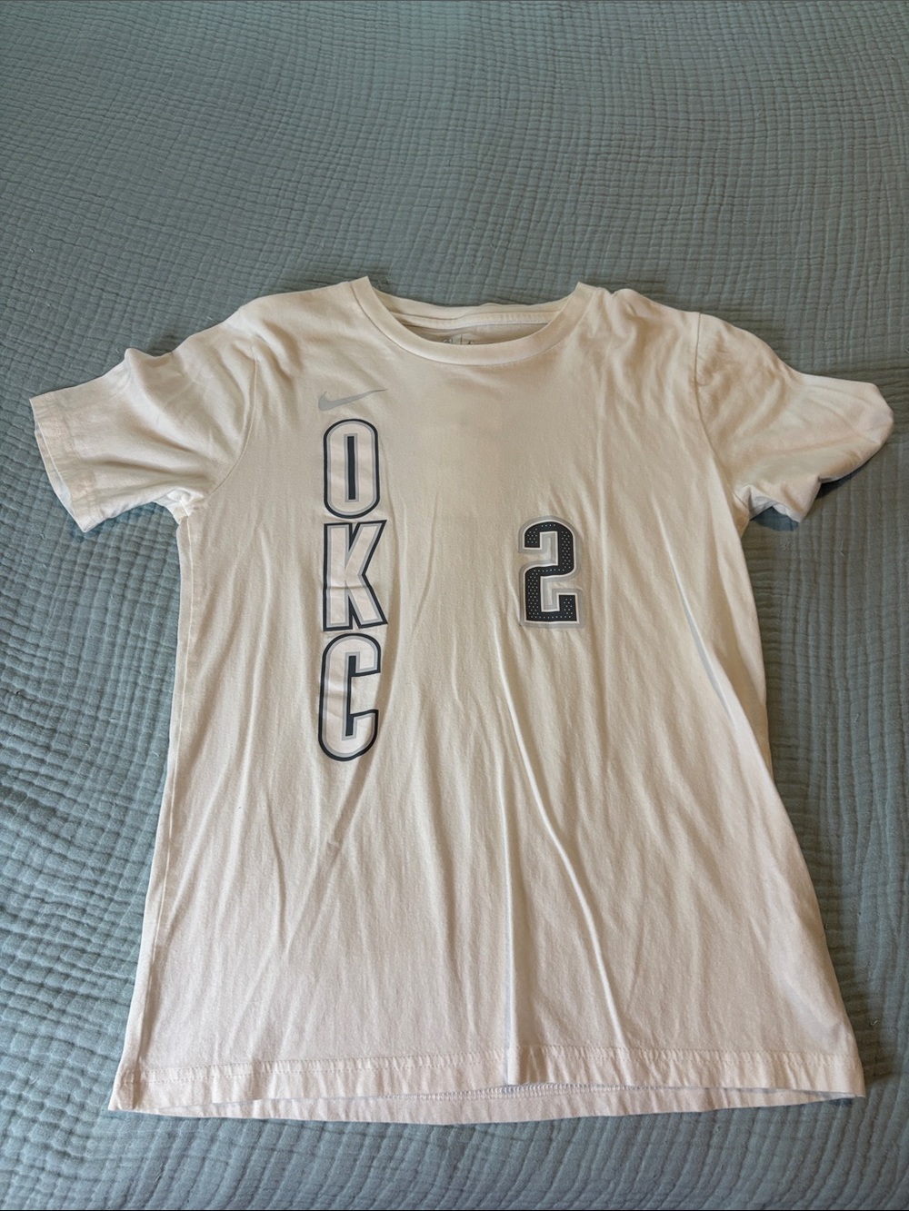 Nike White Kids OKC Vertical Graphic Tee with Number 2